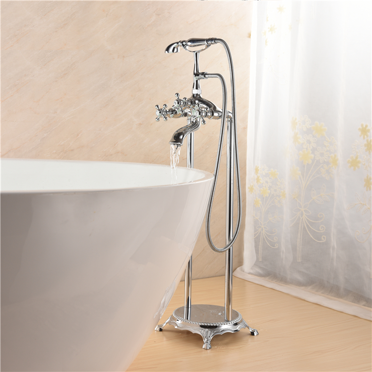 Grifo de mezcla de baño de llenado de bañera de montaje en suelo cromado con ducha de mano Tel, grifo de bañera con mango de perilla de Triple cruz independiente