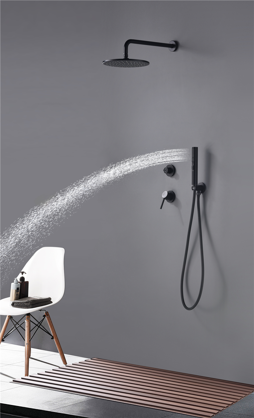 Elegante baño negro mate montado en la pared baño ducha conjunto cabeza redonda 