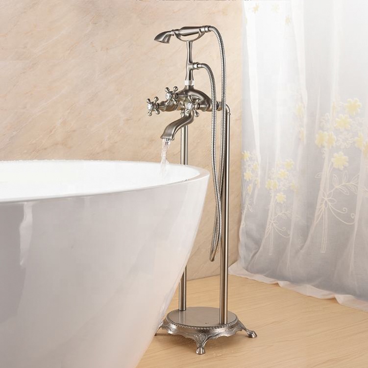 Grifo de bañera de níquel cepillado de pie, grifo mezclador de fregadero de bañera montado en el suelo con Triple manija, grifo de ducha de baño de latón