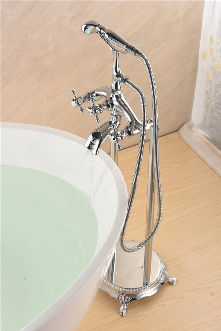 Grifo de mezcla de baño de llenado de bañera de montaje en suelo cromado con ducha de mano Tel, grifo de bañera con mango de perilla de Triple cruz independiente