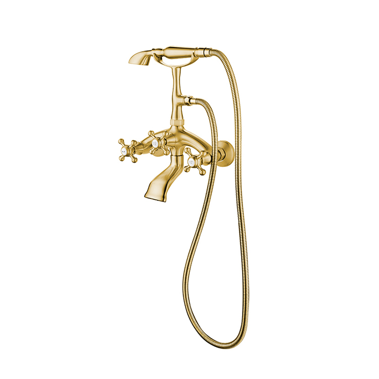 Cabezal de ducha dorado con acabado de grifo cepillado múltiple, grifos de baño mezcladores pulidos y juego clásico incorporado en el baño contemporáneo