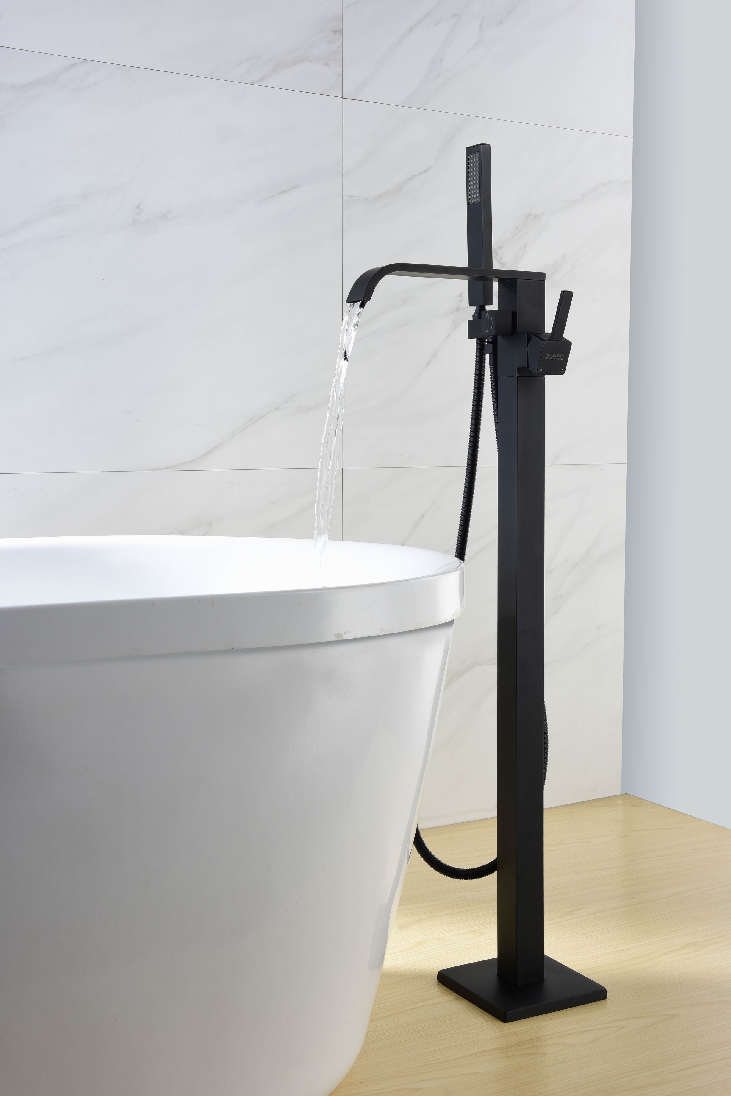 Grifo mezclador de baño independiente negro mate y ducha de mano, grifo de bañera independiente de cascada de ducha de mano de latón negro