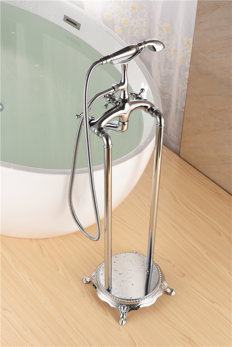 Grifo de mezcla de baño de llenado de bañera de montaje en suelo cromado con ducha de mano Tel, grifo de bañera con mango de perilla de Triple cruz independiente