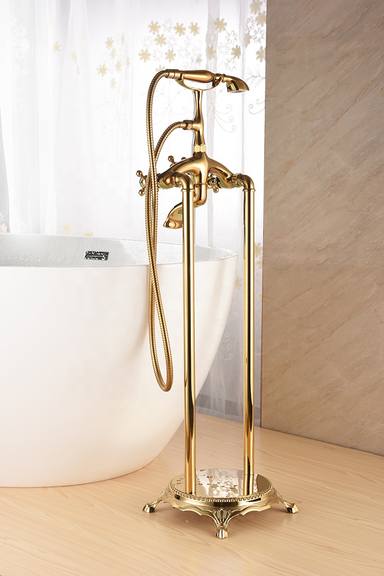 Grifos mezcladores de bañera independientes con Triple manija de oro antiguo, estilo de teléfono, grifo de bañera montado en el suelo, grifo de bañera con pie de garra