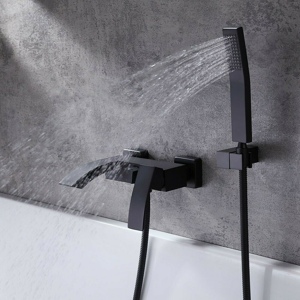 Grifo de ducha de cascada con varita de mano, soporte de pared para llenado de bañera negro mate
