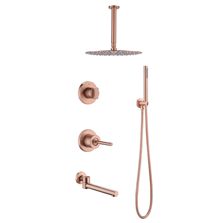 Grifo de ducha de cobre pulido, oro rosa, juego de baño moderno, grifo mezclador con baño de Color y cabeza, juegos de lluvia de oro rosa