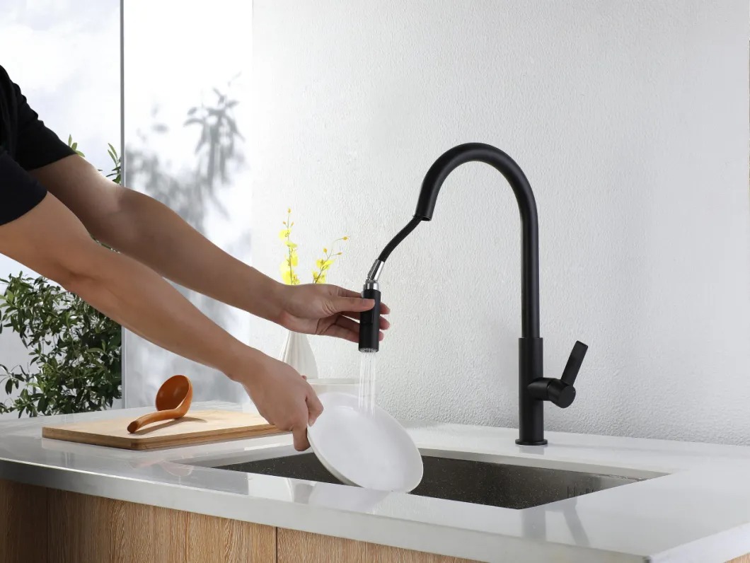 Grifo de agua de cocina extraíble con caño en forma de U delgado de latón de color negro
