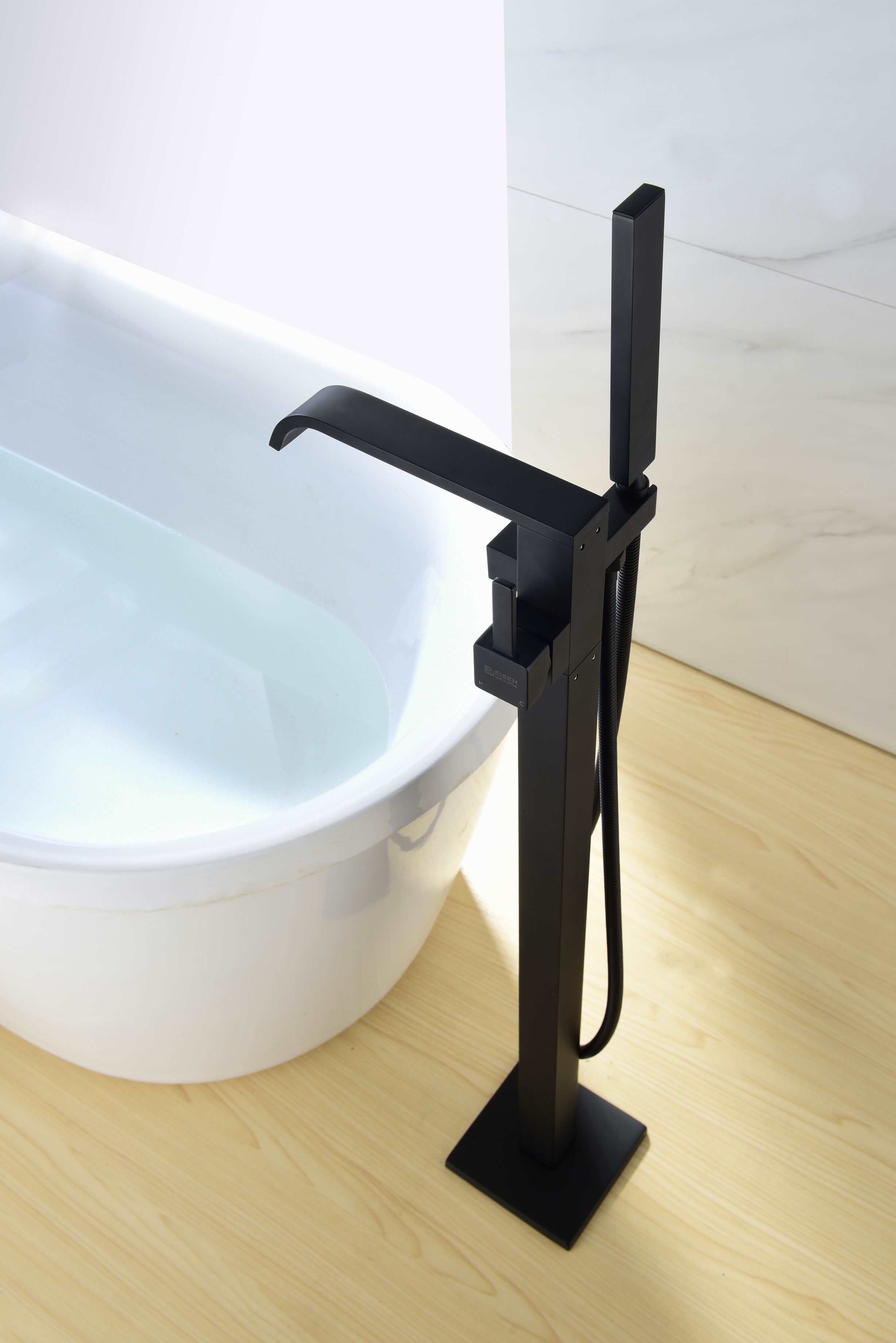Grifo mezclador de baño independiente negro mate y ducha de mano, grifo de bañera independiente de cascada de ducha de mano de latón negro